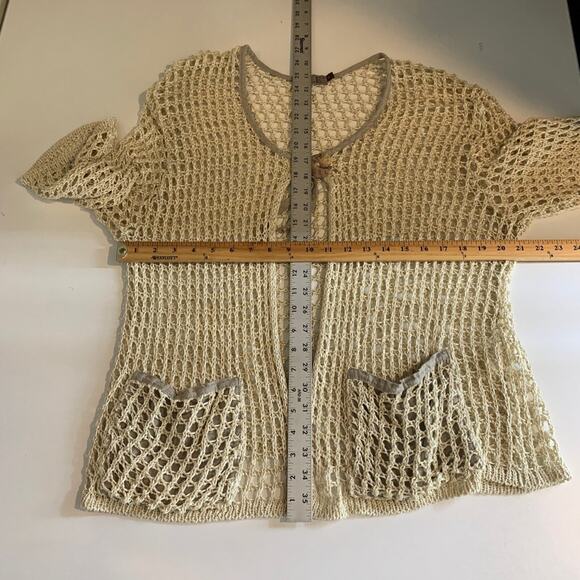 Zele Cardigan Womens M Medium Cream Flax Linen Open Knit Shell Button Pockets - Picture 6 of 11